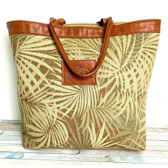 XL RAINIER CLUB BEIGE TAPESTRY BROWN GENUINE LEATHER HANDBAG TOTE SHOULDER BAG - Picture 3 of 11
